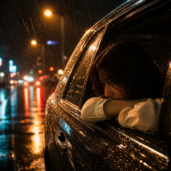 雨夜中倚靠在車窗邊的女子 · 示範圖