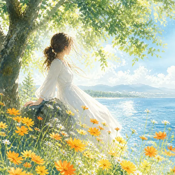 夏日湖畔的印象派女子 · 示範圖