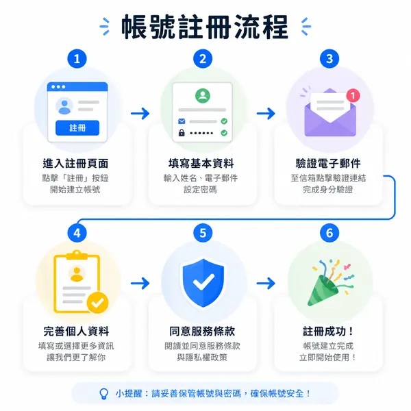 帳號註冊流程步驟圖解 · 示範圖