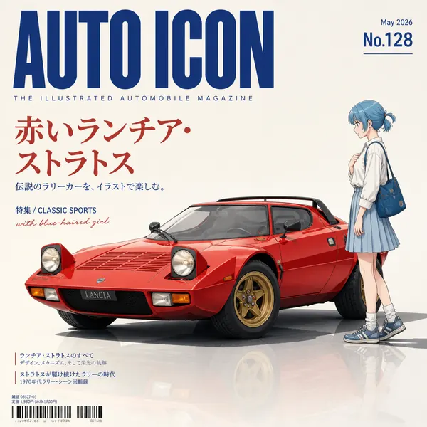 插畫風格經典跑車雜誌封面 · 示範圖