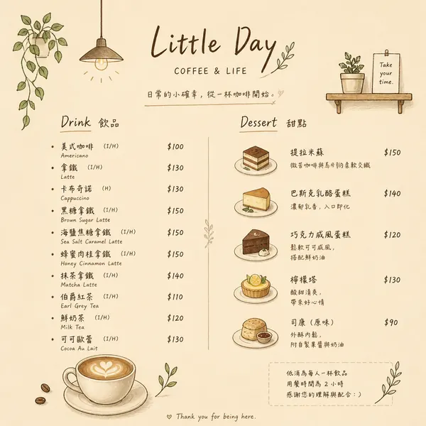 文青風咖啡館菜單 · 示範圖