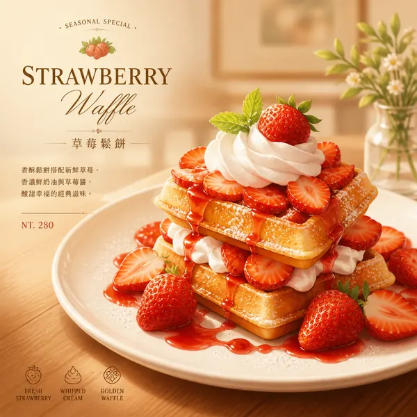 草莓鬆餅美食插畫 · 示範圖
