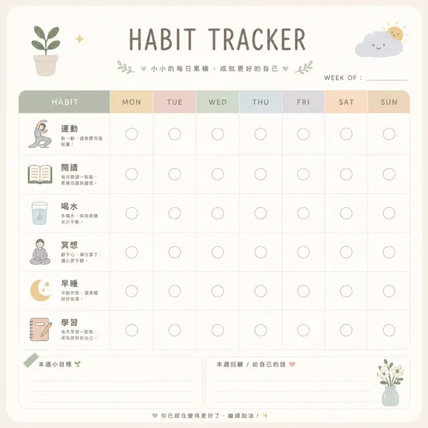 一週習慣追蹤表（Habit Tracker） · 示範圖