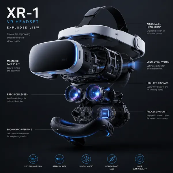 VR 頭戴裝置爆炸圖海報 · 示範圖